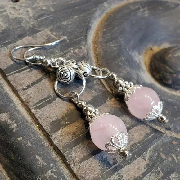 Pink Rose Quartz Lacy Trim Silver Carved Rose Handcrafted Earrings - Picture 8 of 10